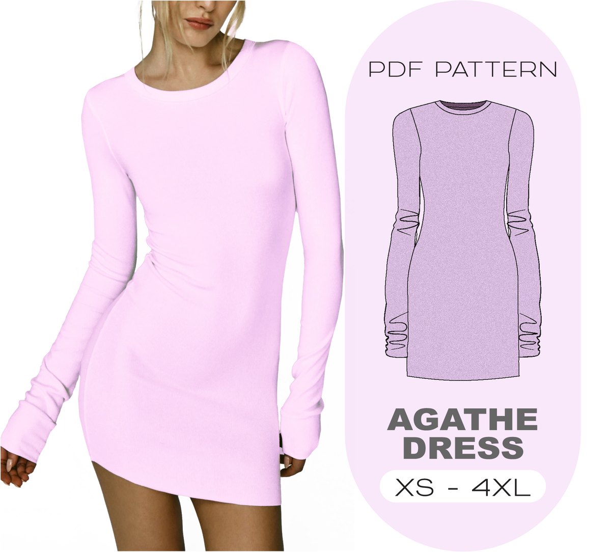 AGATHE Bodycon Dress Sewing Pattern BEGINNER, 8 Sizes XS-4XL, Instant Download