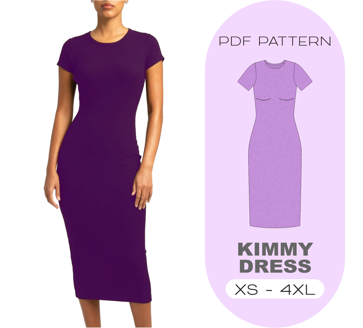 KIMMY Fitted  Dress Sewing Pattern, 8 Sizes XS-4XL, Instant Download