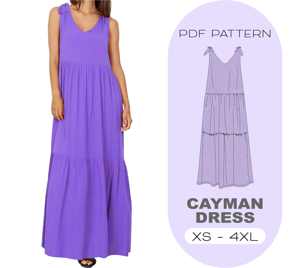 CAYMAN Tiered Long Dress Sewing Pattern In 8 Sizes XS-4XL, Instant Download