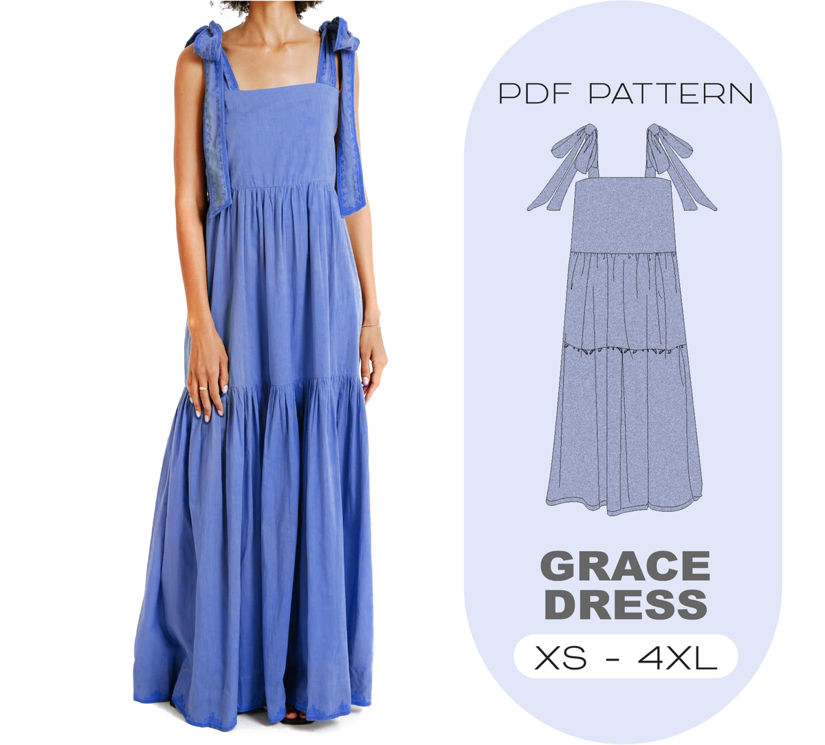 GRACE Long Dress Sewing Pattern Beginner Level, 8 Sizes XS-4XL, Instant Download