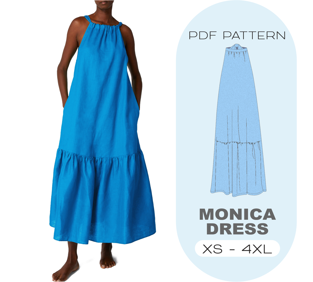 MONICA Long Summer Dress Sewing Pattern, 8 Sizes XS-4XL, Instant Download