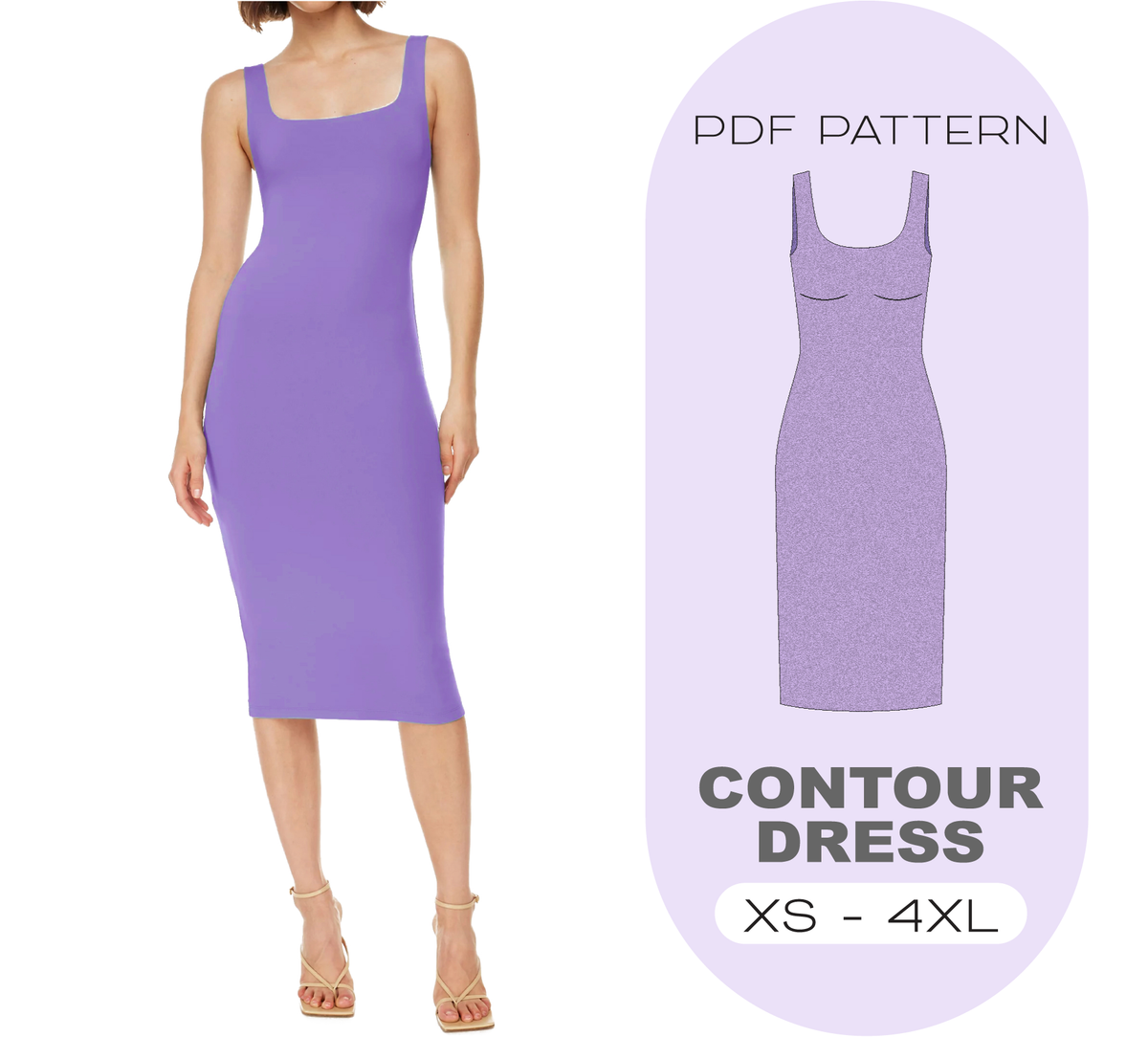 CONTOUR Midi Dress Sewing Pattern, 8 Sizes XS-4XL, Instant Download