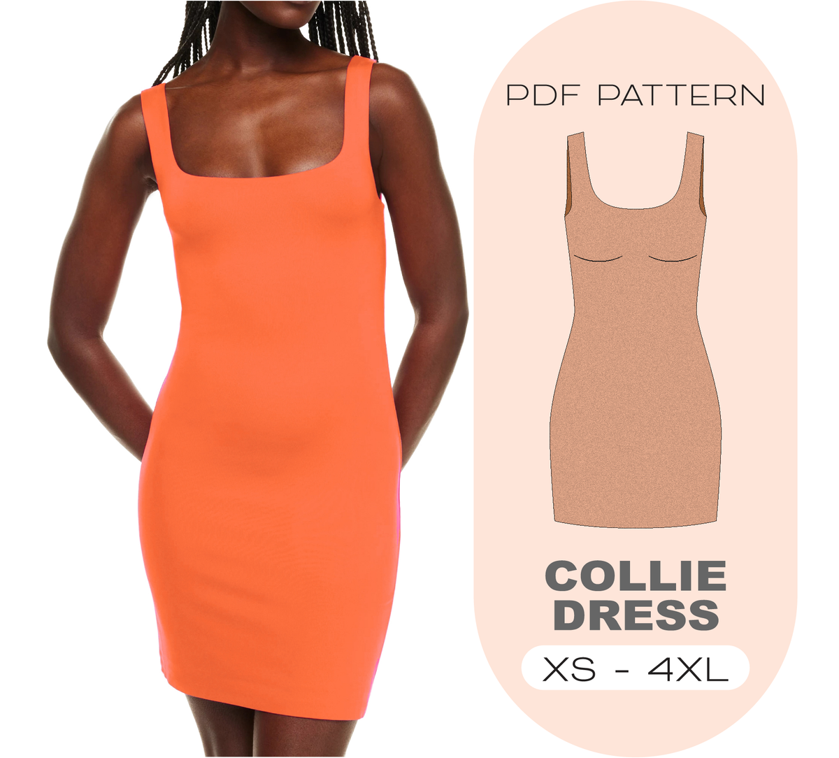 COLLIE Bodycon Dress Sewing Pattern, 8 Sizes XS-4XL, Instant Download