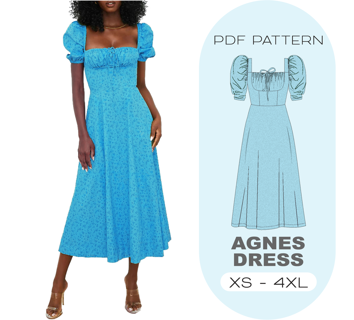 AGNES Milkmaid Dress Sewing Pattern, 8 Sizes XS - 4XL, Instant Download