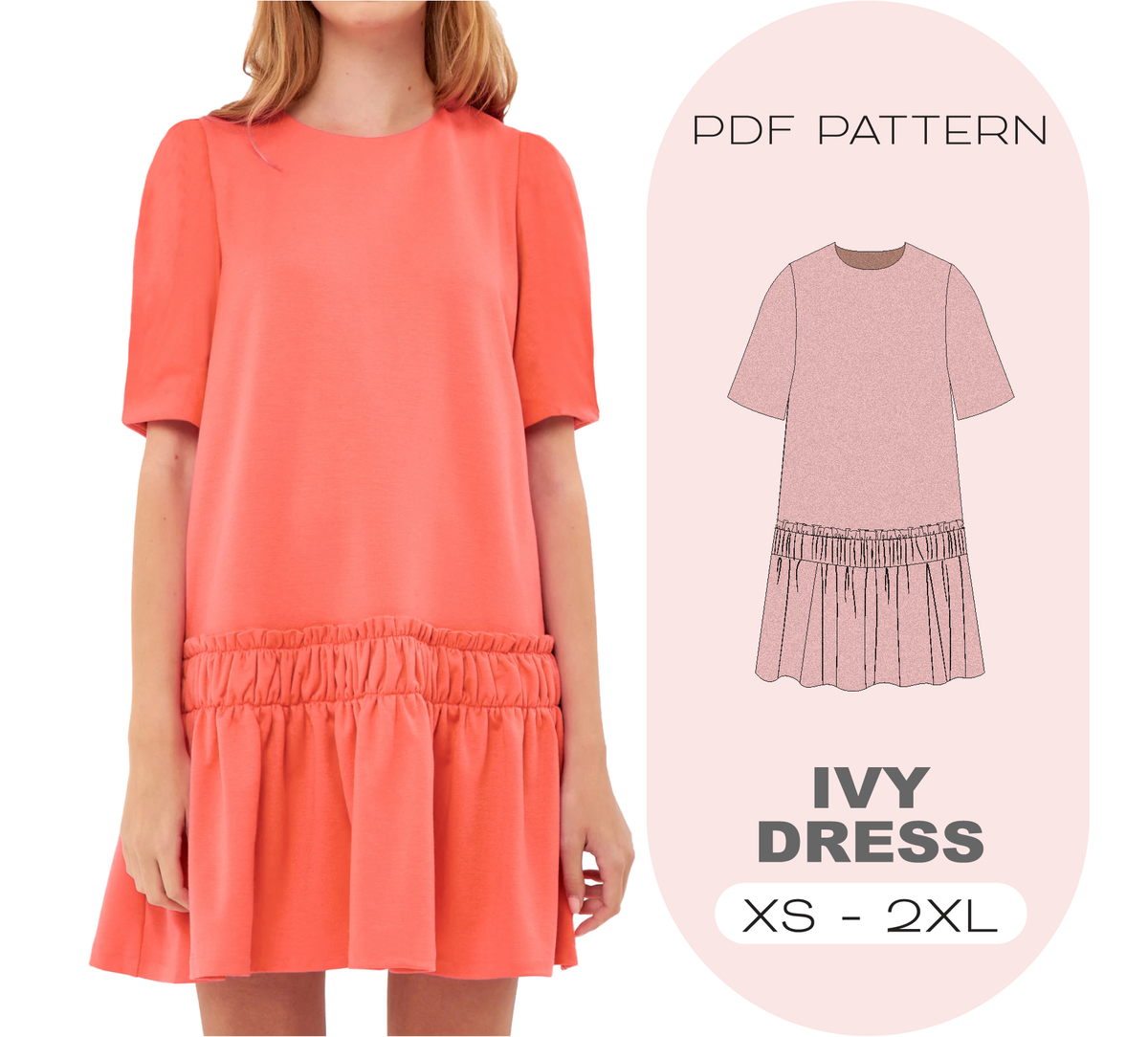 IVY T-Shirt Dress PDF Sewing Pattern, 6 Sizes XS-2XL, Instant Download