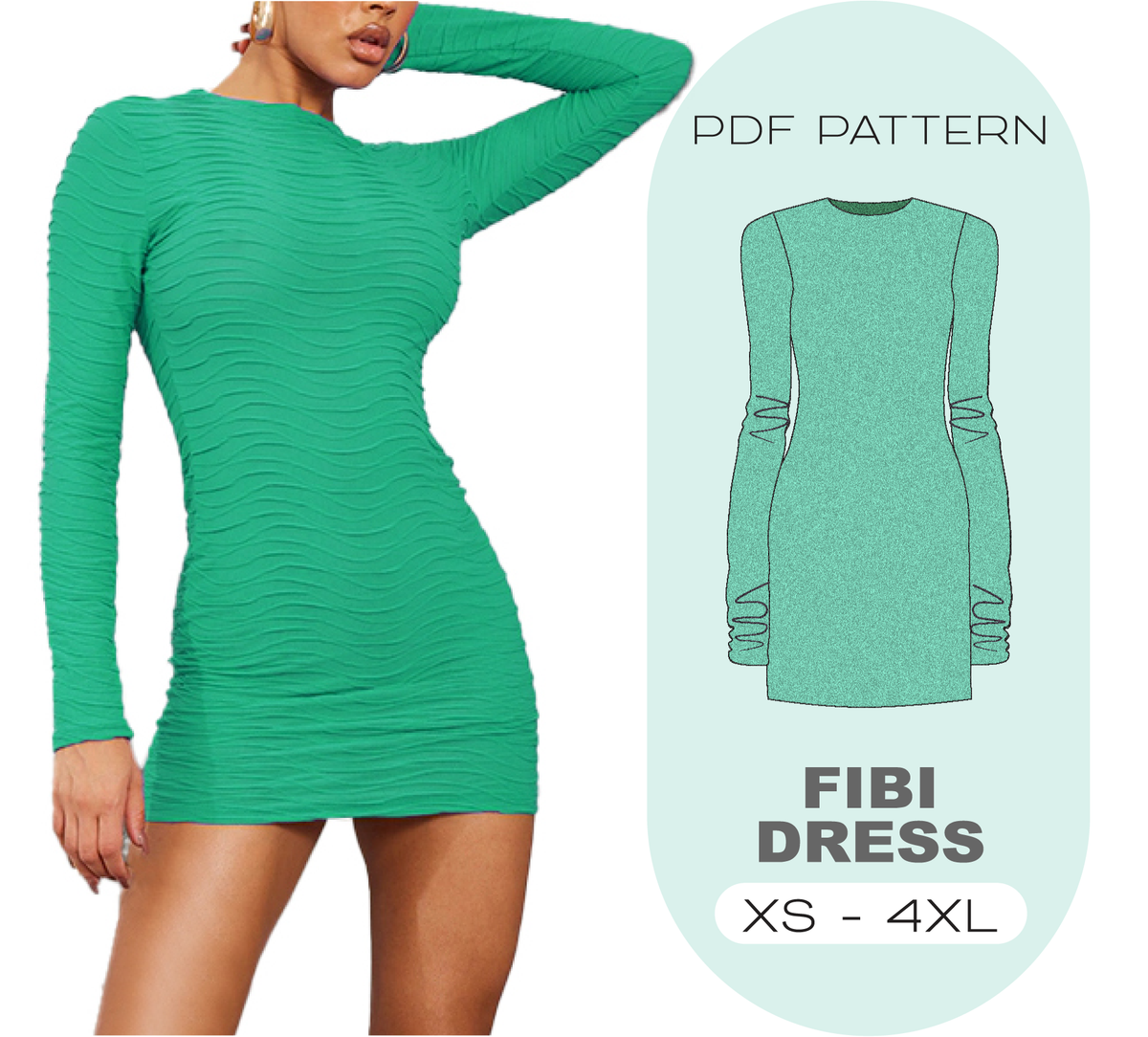 FIBI Fitted Dress Sewing Pattern Beginner Level, 8 Sizes XS-4XL, Instant Download