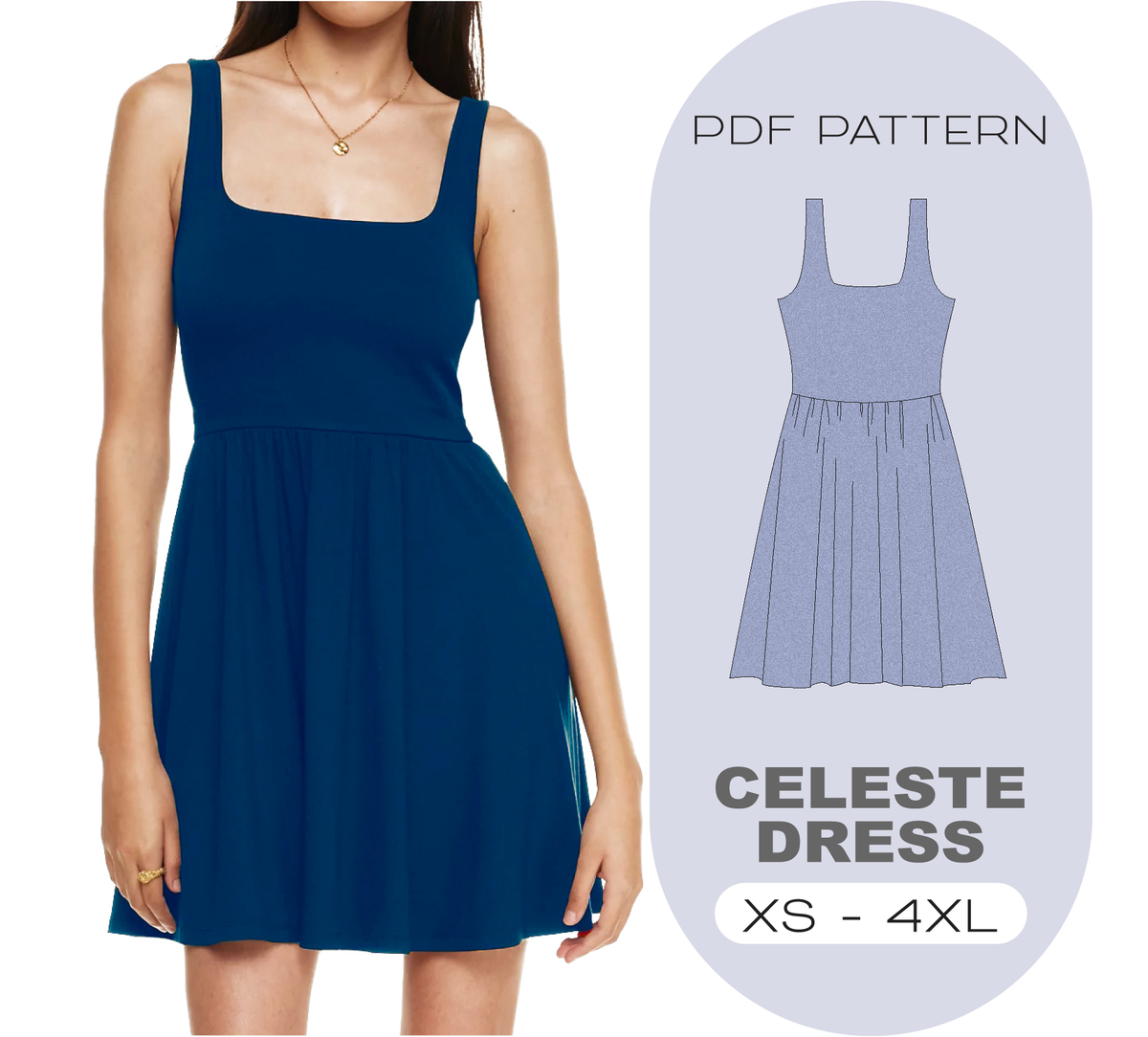 CELESTE Dress Sewing Pattern, 8 Sizes XS - 4XL, Instant Download