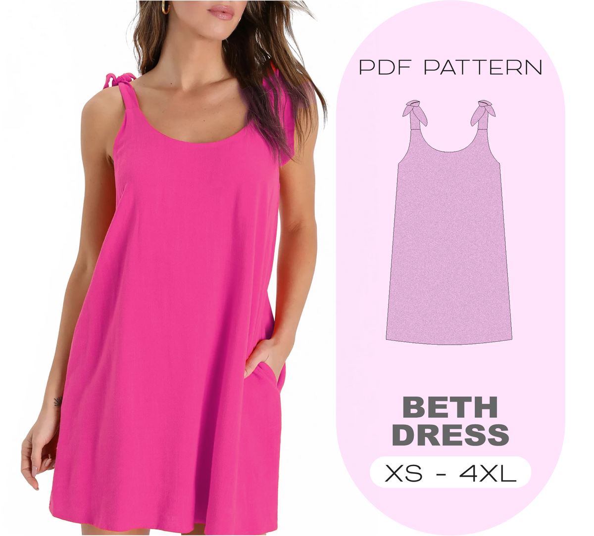 BETH Mini Dress PDF Sewing Pattern, 8 Sizes XS - 4XL, Instant Download