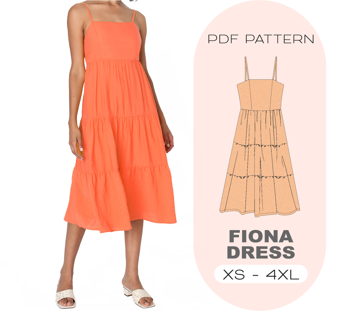 FIONA Flared Midi Dress Sewing Pattern, 8 Sizes XS-4XL, Instant Download