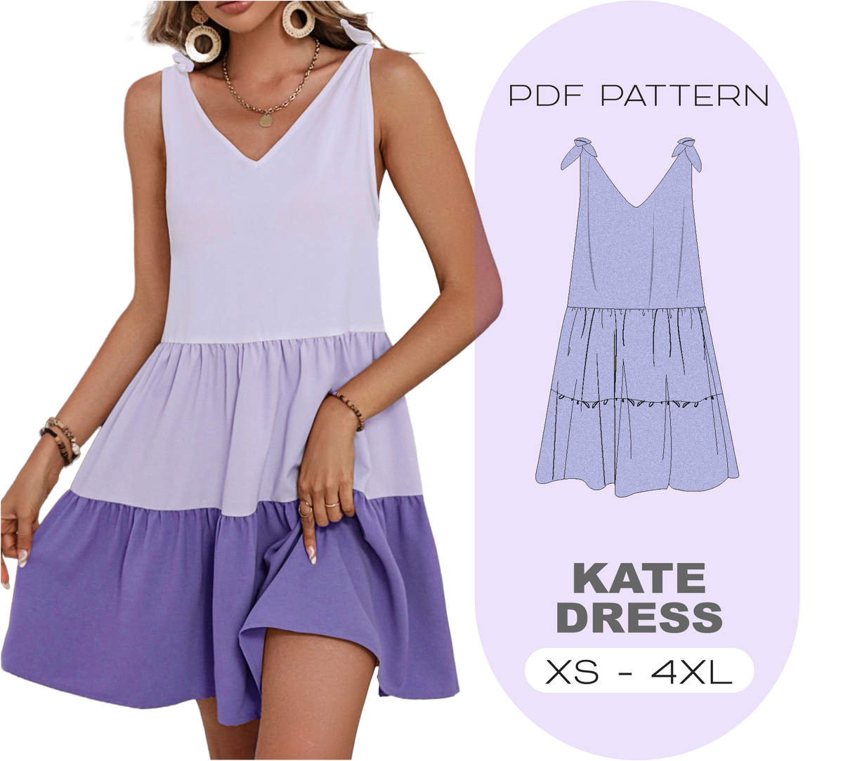 KATE Tiered Dress Sewing Pattern, 8 Sizes XS-4XL, Instant Download