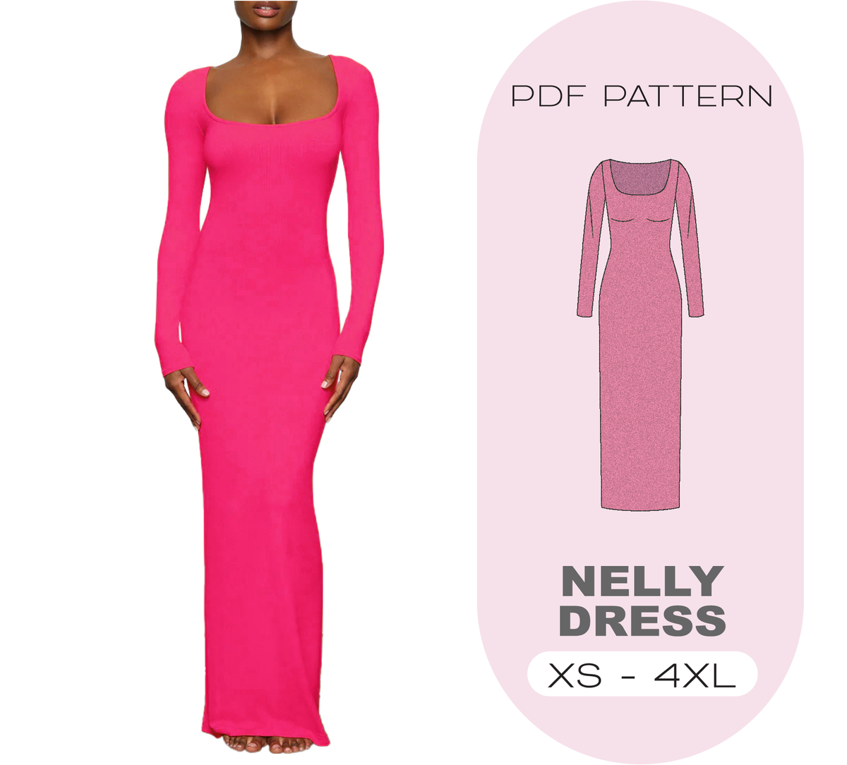 Long Stretch Dress Sewing Pattern, 8 Sizes XS-4XL, Instant Download