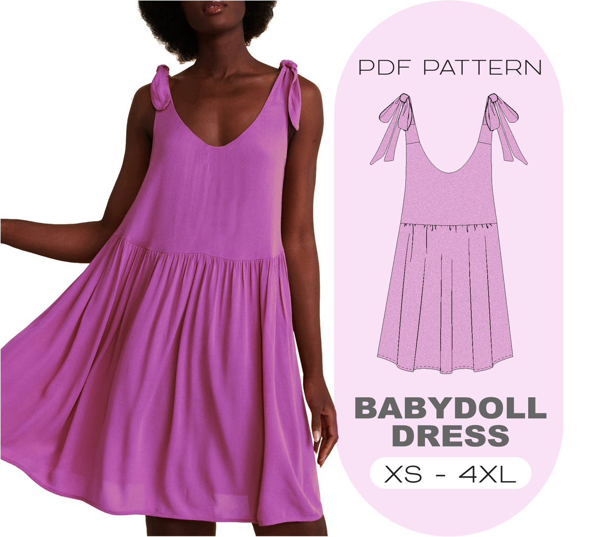 BABYDOLL Dress Sewing Pattern In 8 Sizes XS-4XL, Instant Download