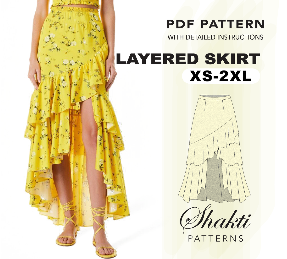 Rich Ruffled Skirt Sewing Pattern, 6 Sizes XS-XXL, Instant Download
