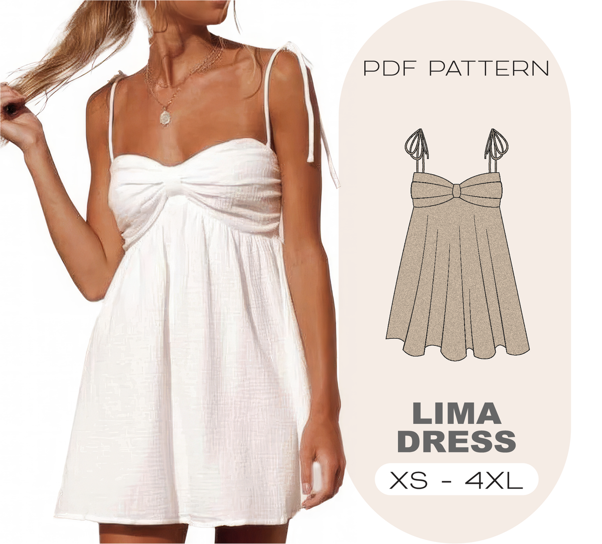 LIMA Flared Mini Dress Sewing Pattern in 8 Sizes XS-4XL, Instant Download