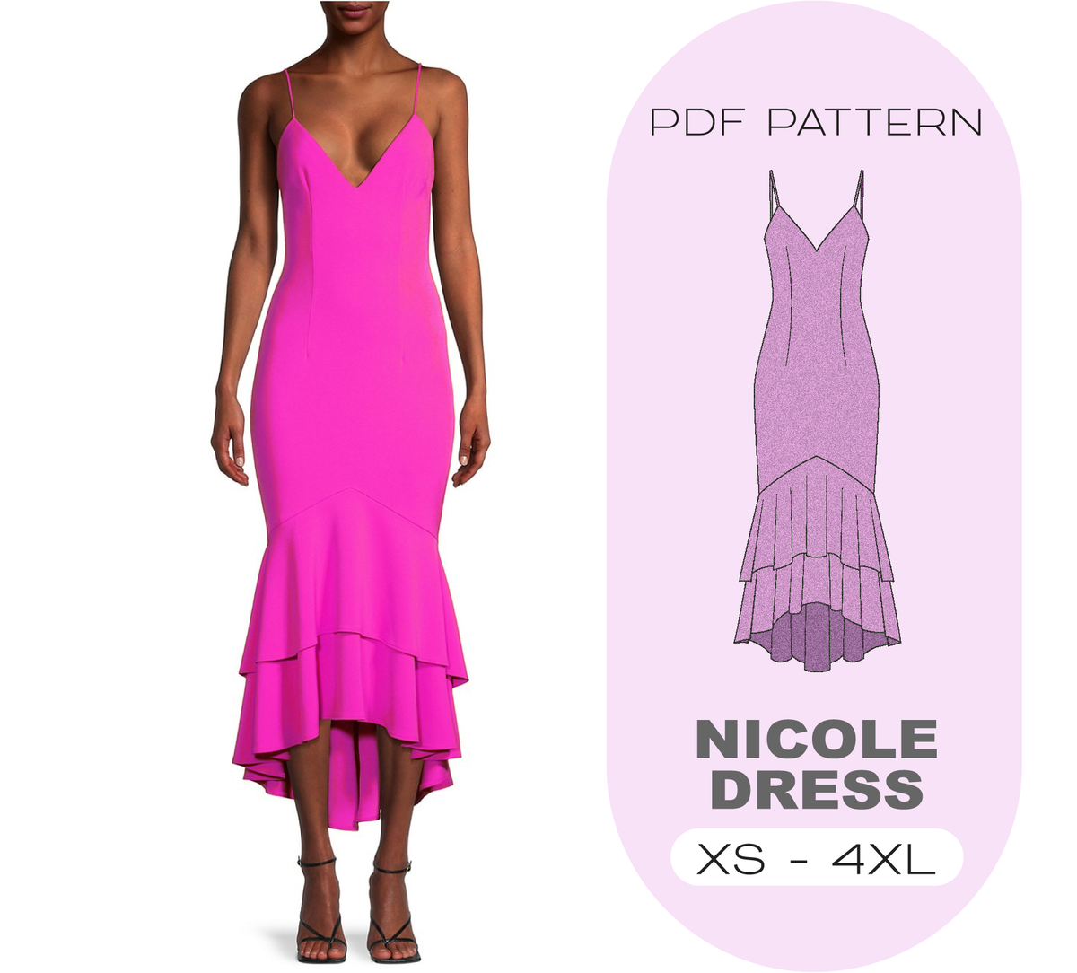 NICOLE Evening Dress PDF Sewing Pattern, 8 Sizes XS-4XL, Instant Download