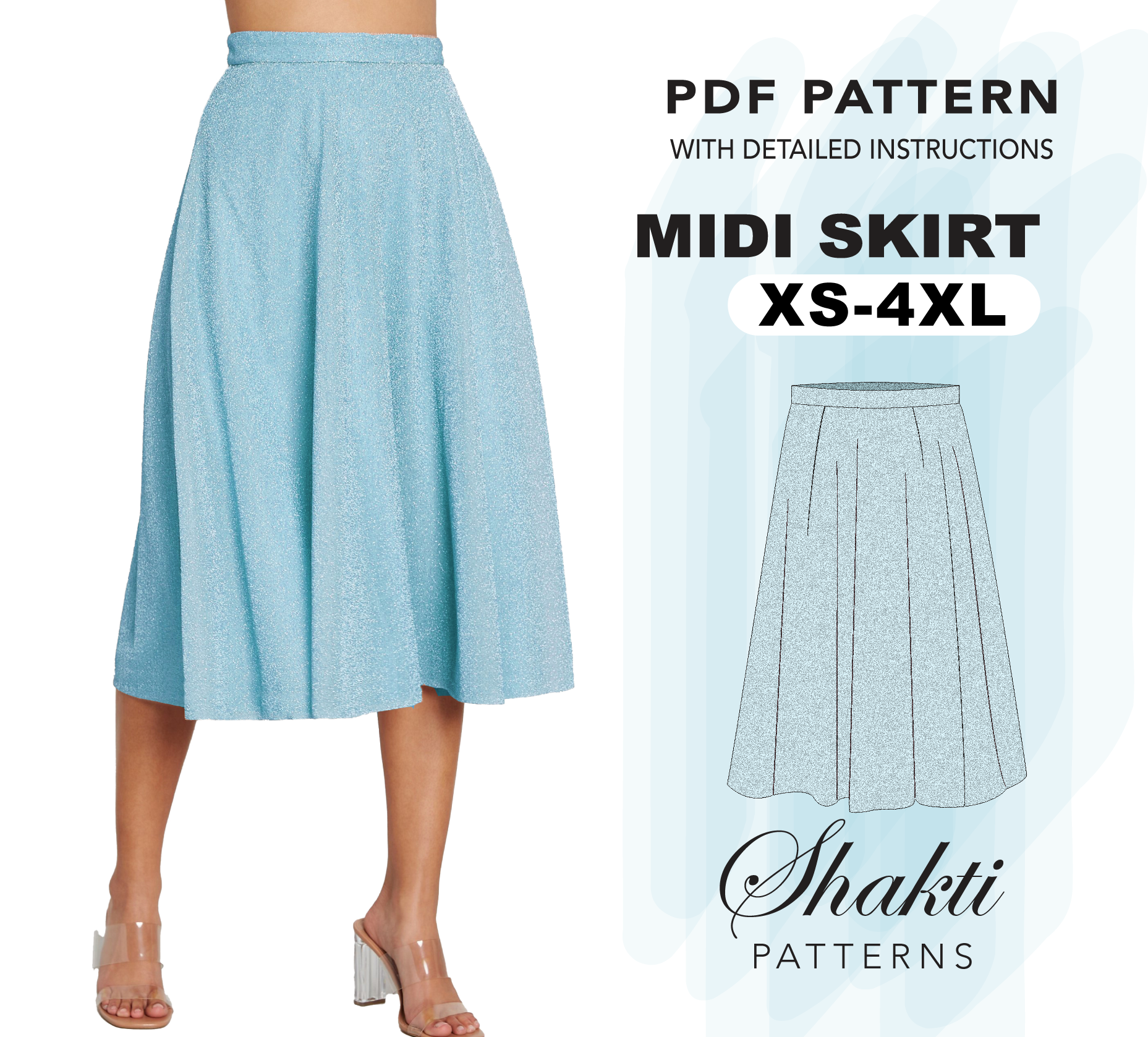 Midi Skirt Sewing Pattern No Zipper, 8 Sizes XS-4XL, Instant