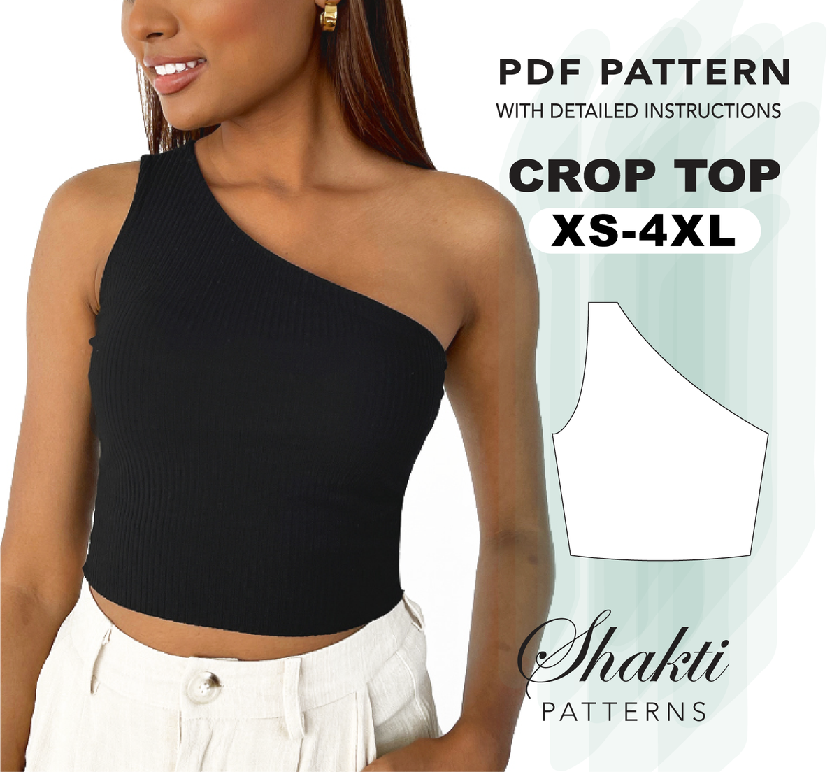 One Shoulder Crop Top Sewing Pattern, 8 Sizes XS - 4XL, Instant Download