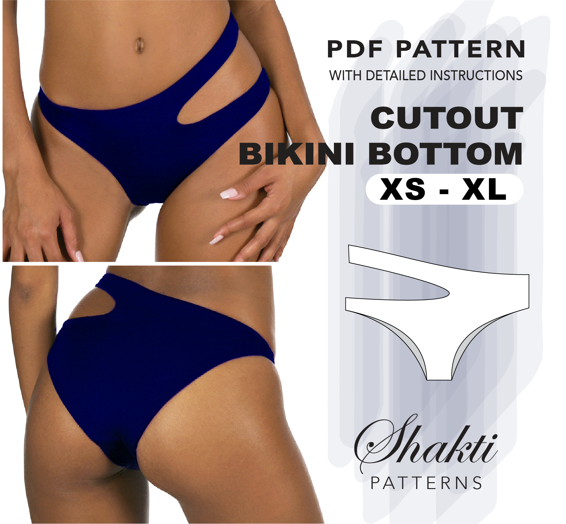 Cutout Bikini Bottom Sewing Pattern, Size XS-XL, Instant Download